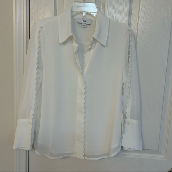 CeCe Women's Scalloped-Trim Collared Long-Sleeve Blouse in New Ivory Size S - Picture 4 of 9